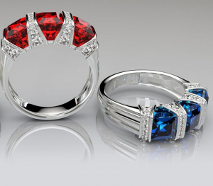 three different colored rings with diamonds on them