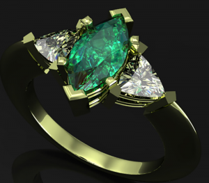 three pear shaped green and white diamonds on a black background