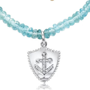 a blue beaded necklace with an anchor on it