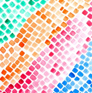 a rainbow colored background with squares and dots