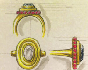 a drawing of a gold ring with red stones