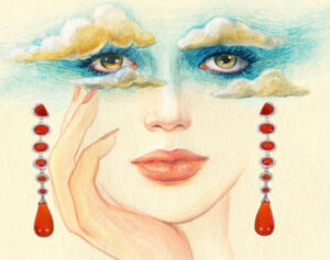 a drawing of a woman's face with clouds above her