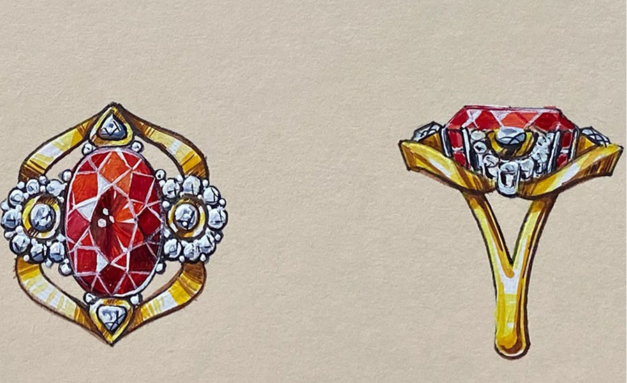 two rings with diamonds and red stones on them