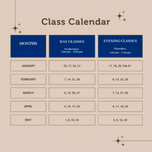 a class calendar with the dates for each class
