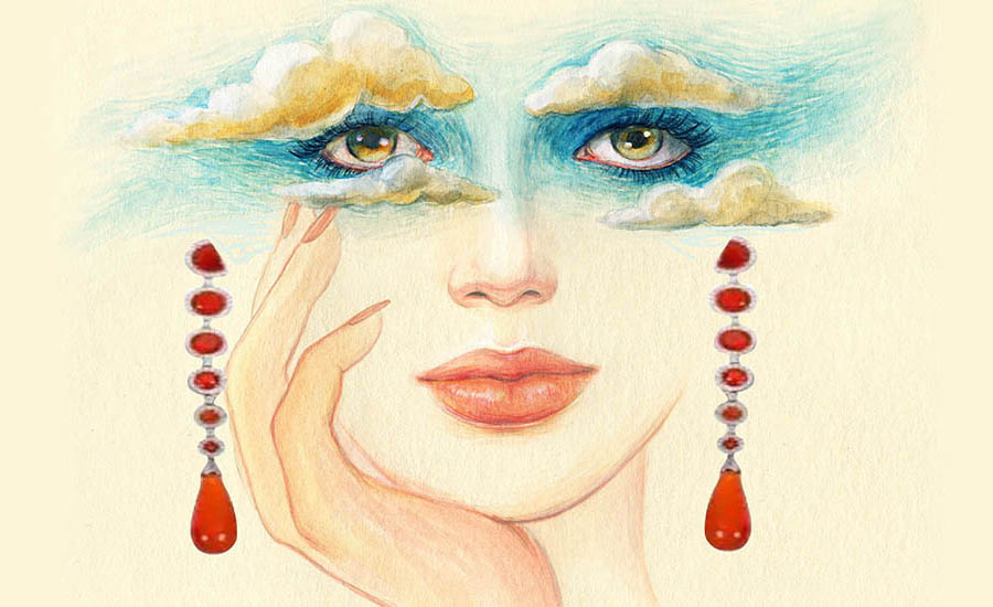 a drawing of a woman's face with clouds above her