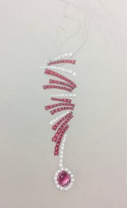 a pink and white necklace with diamonds on it