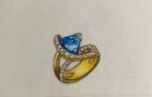 a drawing of a ring with pearls and a blue stone