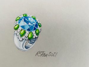 a drawing of a blue ring with green leaves