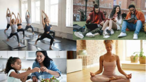 a collage of people doing yoga in different poses