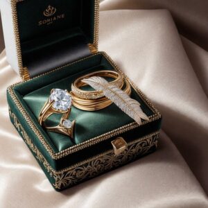 two gold wedding rings in a green box