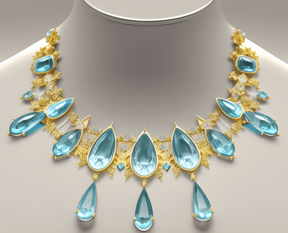 a necklace with blue stones and gold accents